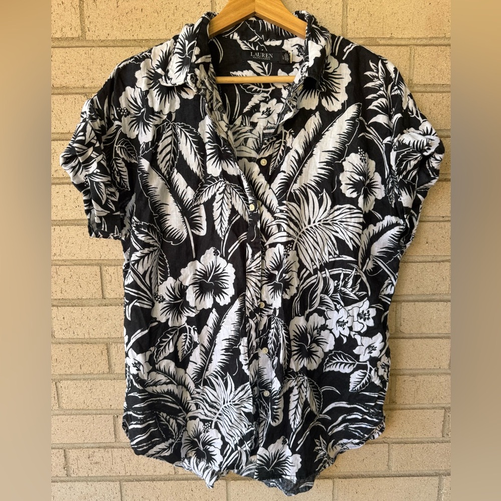 Lauren Ralph Lauren LRL Black & White Tropical Floral Linen Shirt | Size Large